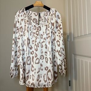 Cream & Brown Leopard Print Blouse | Long Sleeve Statement Top | Size L